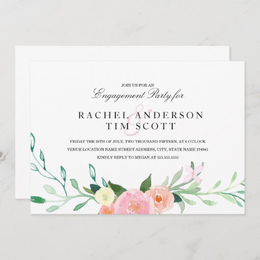 水の色ワイルドフラワー婚約パーティ招待状 招待状 (正面/裏面)