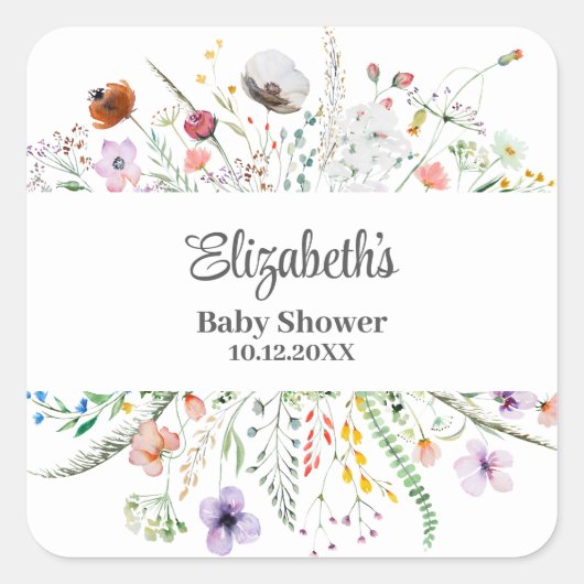 水の色ワイルドフラワー牧草地ベビーシャワー スクエアシール (正面)