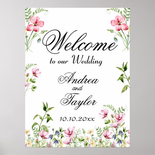 水の色ワイルドフラワー結婚の歓迎の看板ポスター ポスター (正面)