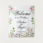 水の色ワイルドフラワー結婚の歓迎サイン タペストリー (正面)