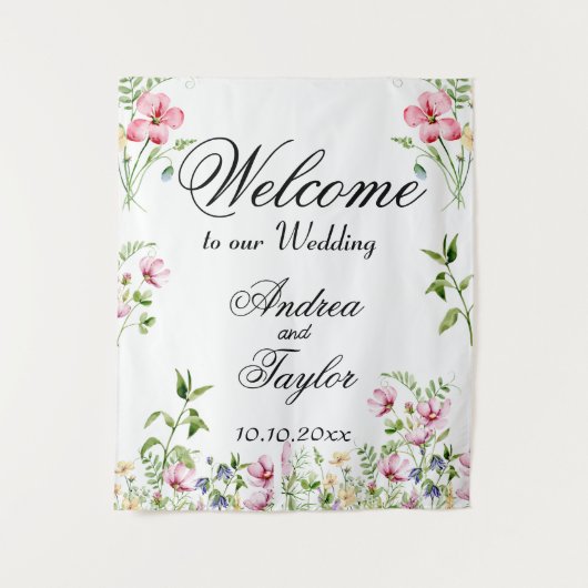 水の色ワイルドフラワー結婚の歓迎サイン タペストリー (正面)