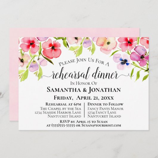 水の色ワイルドフラワー結婚ズのリハーサル&ディナー 招待状 (正面/裏面)