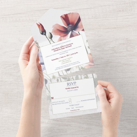 水の色ワイルドフラワー結婚ズ オールインワン招待状 (貼ってはがせる)