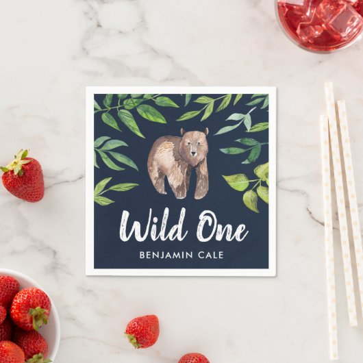 水の色ワイルドワンベアファースト誕生日 |ネイビー スタンダードカクテルナプキン (インサイチュ)