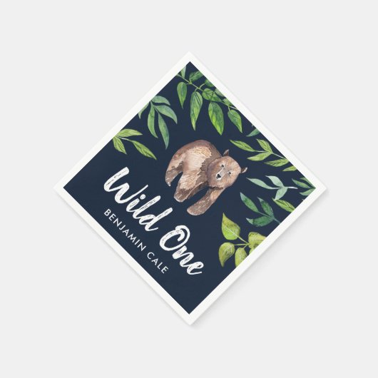 水の色ワイルドワンベアファースト誕生日 |ネイビー スタンダードカクテルナプキン (角)