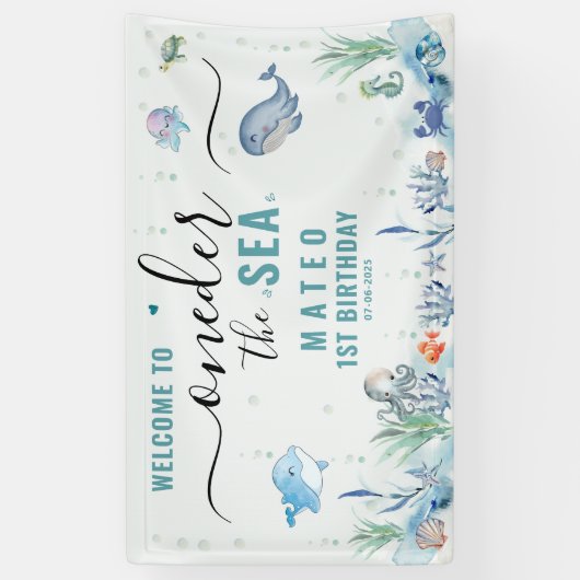 水の色ワンダーザ海の最初の誕生日へようこそ 横断幕 (縦)