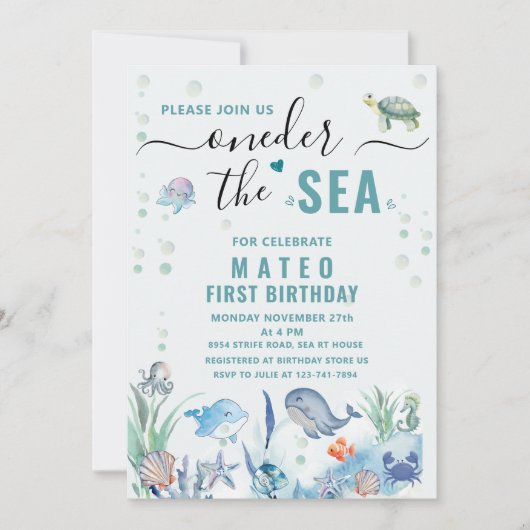 水の色ワンダーザ海の最初の誕生日 招待状 (正面)