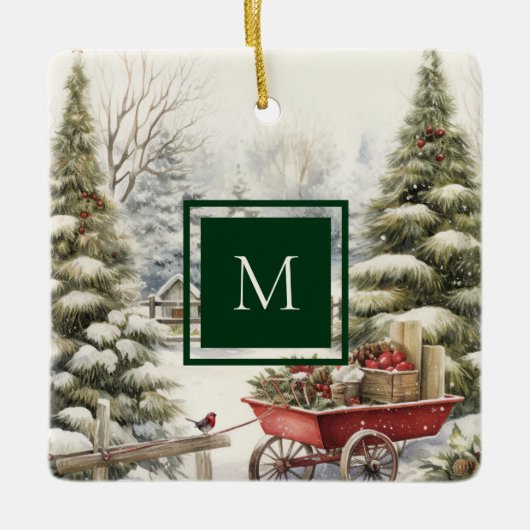 水の色ヴィンテージクリスマスツリーフォレストモノグラム セラミックオーナメント (正面)