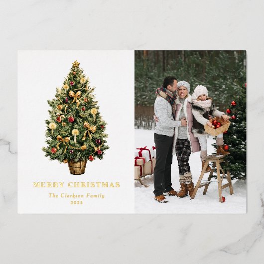 水の色ヴィンテージクリスマスツリー写真クリスマス 箔シーズンカード (正面)