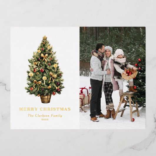 水の色ヴィンテージクリスマスツリー写真クリスマス 箔シーズンポストカード (正面)