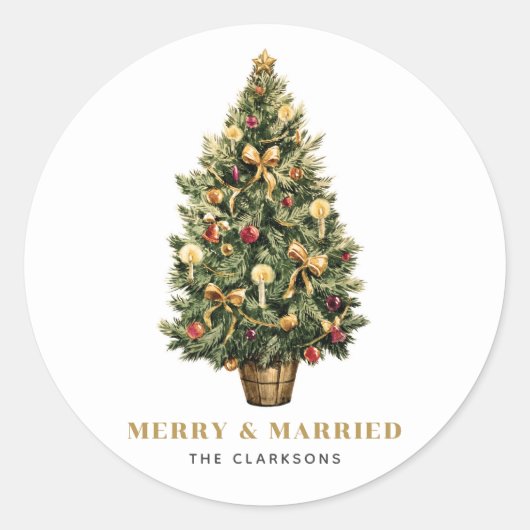 水の色ヴィンテージクリスマスツリー結婚ズホリデー ラウンドシール (正面)