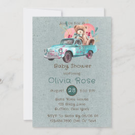 水の色ヴィンテージトラックテディベア赤ちゃんシャワー 招待状