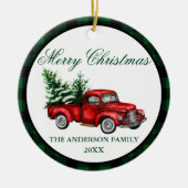 水の色ヴィンテージレッドトラック緑の格子模様クリスマス セラミックオーナメント (正面)