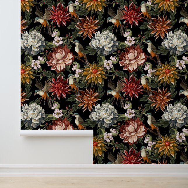 水の色ヴィンテージ牡丹、バラの鳥ダークフローラル 壁紙 (アプリケーション)