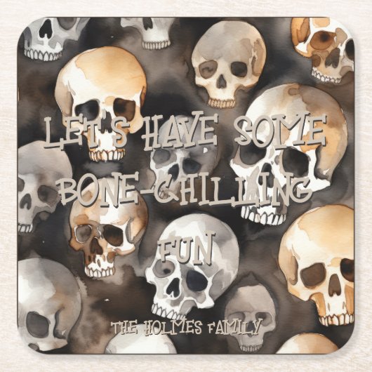 水の色不気味スカルハロウィーンモノグラム スクエアペーパーコースター (正面)