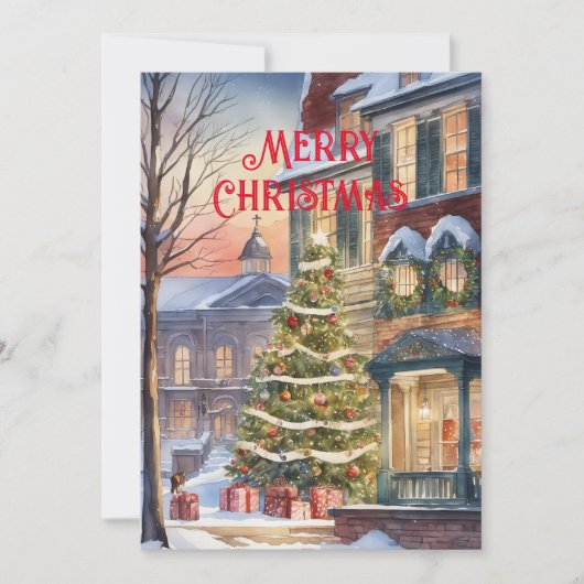 水の色伝統的冬のクリスマスツリーシーン シーズンカード (正面)