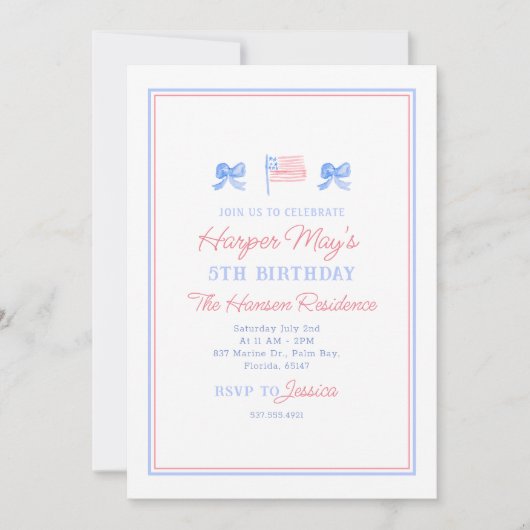 水の色名門私立校風の愛国的な7月の4th編集可能 招待状 (正面)