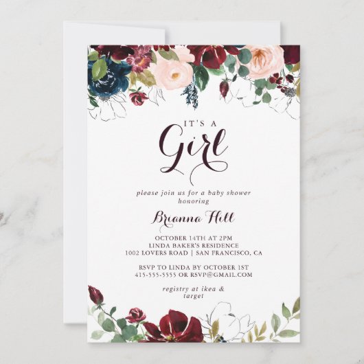 水の色図解入りの、写真付きの女の子の赤ちゃんシャワー 招待状 (正面)