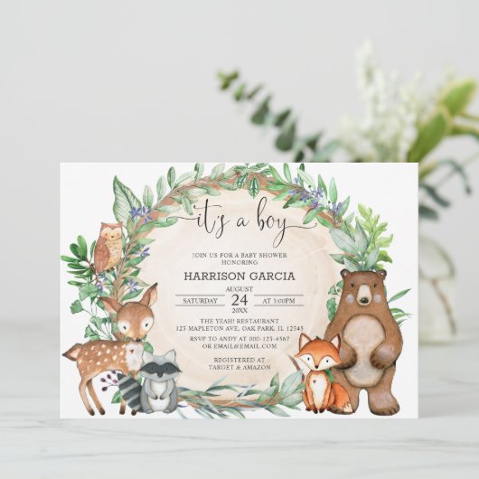 水の色男の子の森の動物の赤ちゃんシャワー 招待状 (スタンド正面)