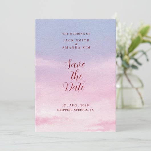 水の色素晴らし日没の結婚式日付を保存 招待状 (スタンド正面)