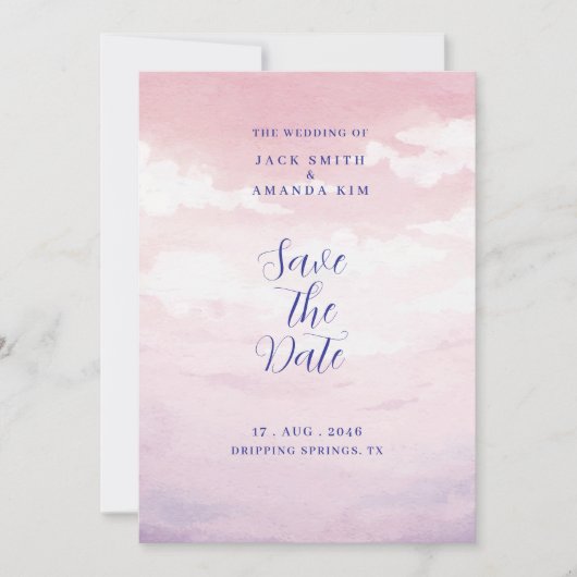 水の色素晴らし日没の結婚式日付を保存 招待状 (正面)