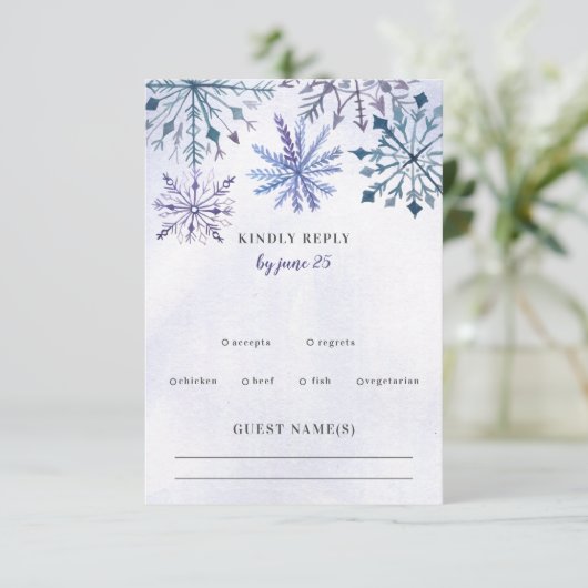 水の色素朴の雪の結晶ブルーウィンターウェディング 出欠カード (スタンド正面)