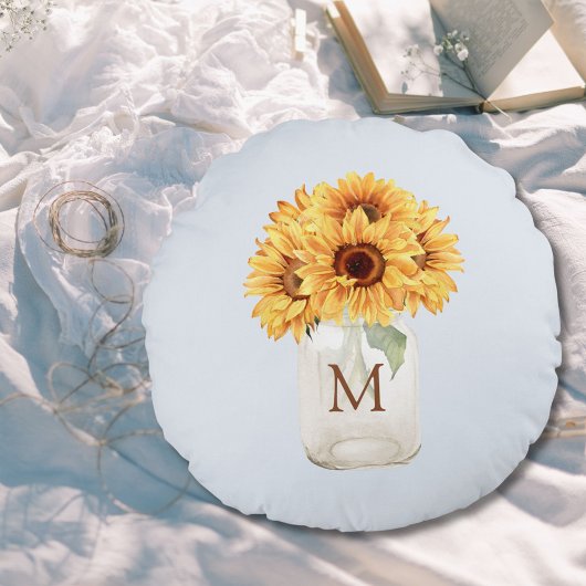水の色素朴ひまわり花束のメイスンジャー ラウンドクッション