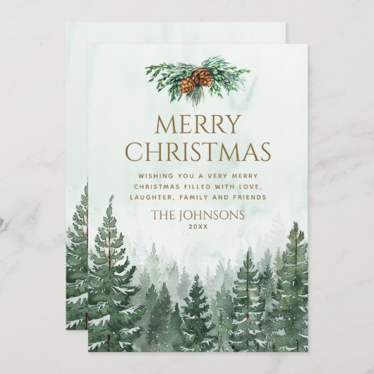 水の色素朴グリーンパインツリーフォレストクリスマス シーズンカード (正面/裏面)