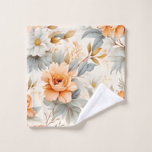 水の色素朴フローラプリントグレーオレンジウィンター バスタオルセット (ウォッシュタオル)