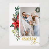水の色素朴ポインセチア陽気なクリスマスフォト 箔シーズンカード (正面)