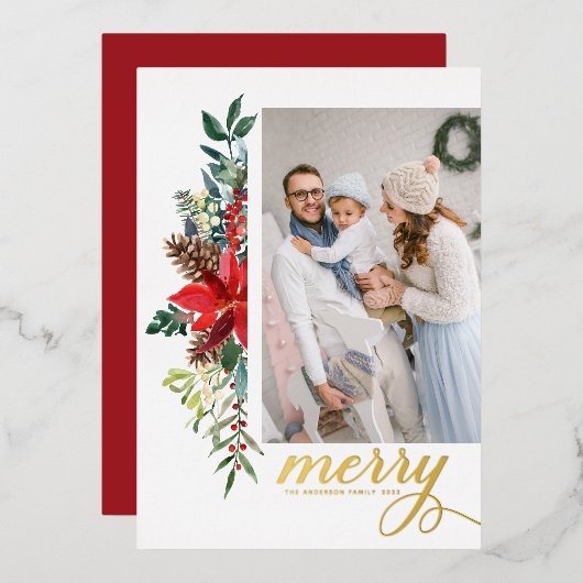 水の色素朴ポインセチア陽気なクリスマスフォト 箔シーズンカード (正面/裏面)