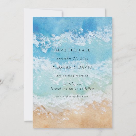 水の色素朴夏の海のビーチ日付を保存 招待状 (正面)