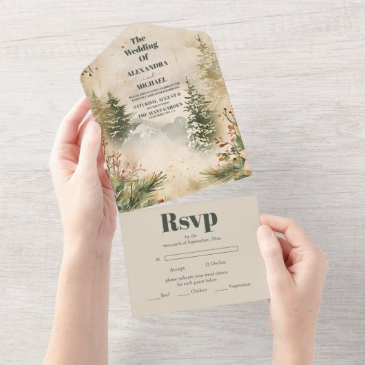 水の色素朴山林の冬の結婚式 オールインワン招待状 (貼ってはがせる)