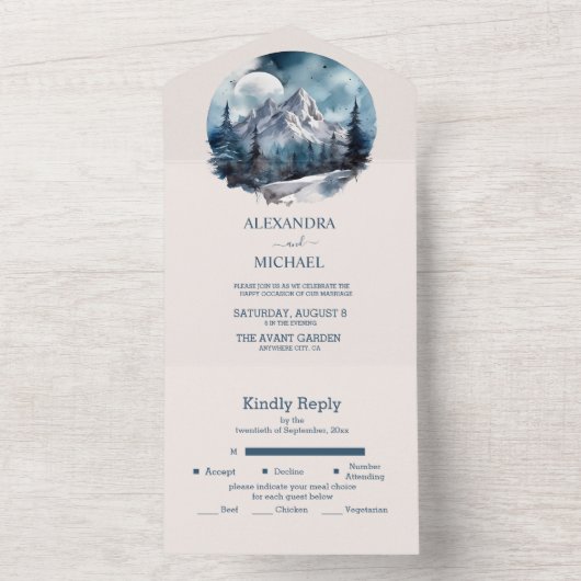 水の色素朴山林の冬の結婚式 オールインワン招待状 (内側)