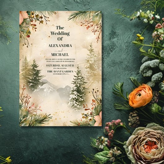 水の色素朴山林の冬の結婚式 招待状