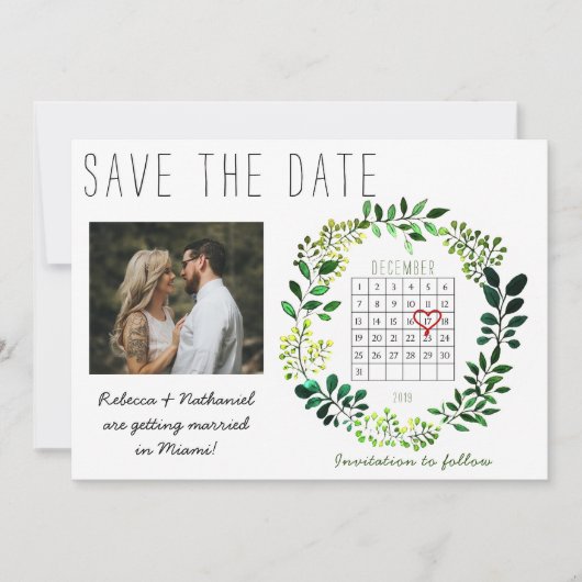 水の色素朴日付カレンダーのハートを保存 案内状 (正面)