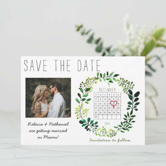 水の色素朴日付カレンダーのハートを保存 案内状 (スタンド正面)