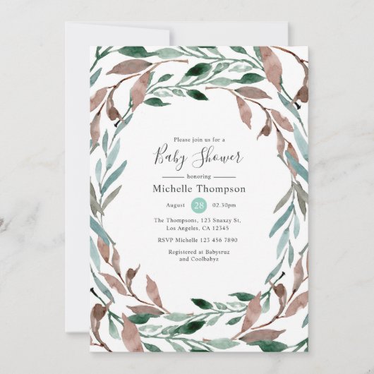 水の色素朴緑の冬の赤ちゃんシャワー 招待状 (正面)