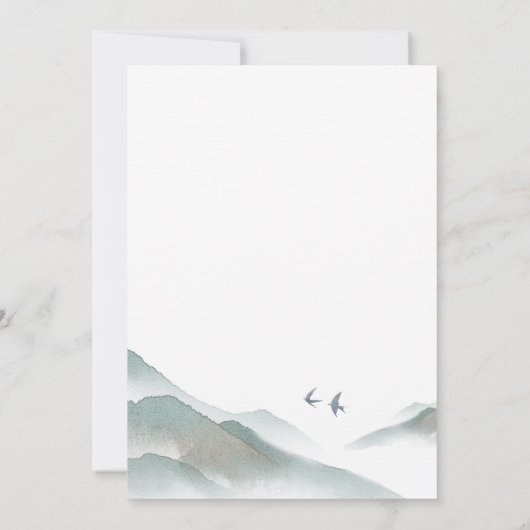 水の色素朴緑の山の日付を保存 招待状 (裏面)