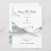 水の色素朴緑の山の日付を保存 招待状 (正面/裏面)