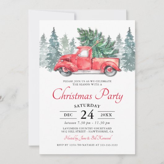 水の色素朴赤トラックのクリスマスパーティー 招待状 (正面)