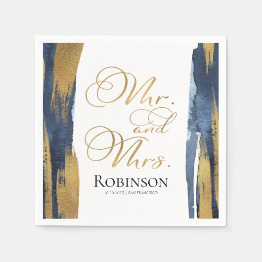 水の色結婚のナプキン | Blue抽象芸術金色 スタンダードカクテルナプキン (正面)