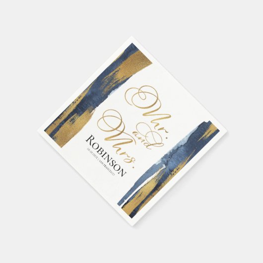 水の色結婚のナプキン | Blue抽象芸術金色 スタンダードカクテルナプキン (角)