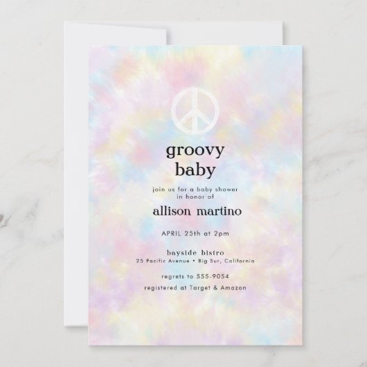 水の色絞り染めピースヒッピー赤ちゃんシャワー 招待状 (正面)