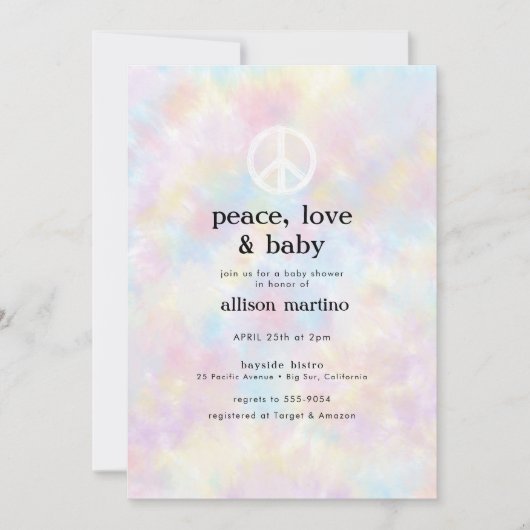 水の色絞り染めピースヒッピー赤ちゃんシャワー 招待状 (正面)