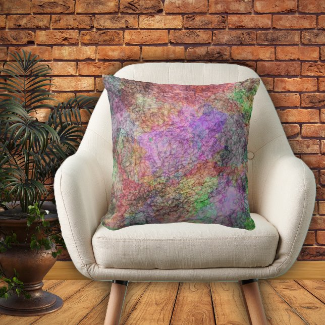水の色絵を描が渦巻きかわいらし色で見える クッション (Abstract pattern of swilrs of pretty pinks purples greens yellows on home decor pillow.)