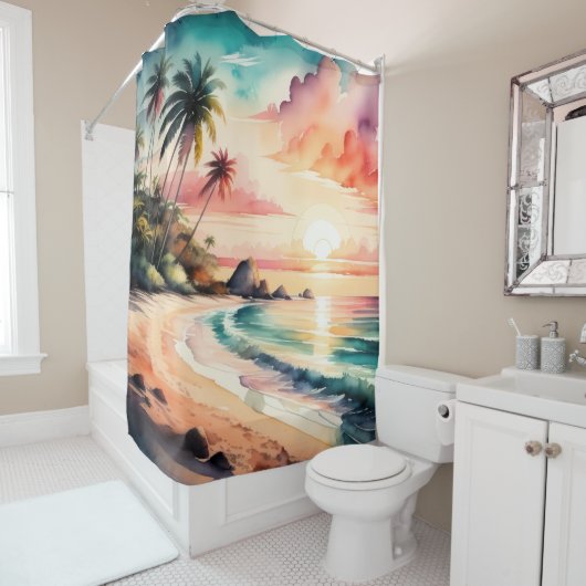 水の色絵を描のトロピカルビーチ夕日 シャワーカーテン (インサイチュ)