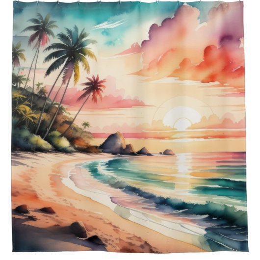 水の色絵を描のトロピカルビーチ夕日 シャワーカーテン (正面)