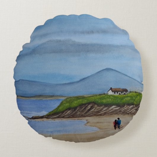水の色絵を描のロマンチックな日のビーチ ラウンドクッション (正面)