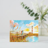 水の色絵を描の女の子と犬バイライトハウスSh シーズンポストカード (スタンド正面)